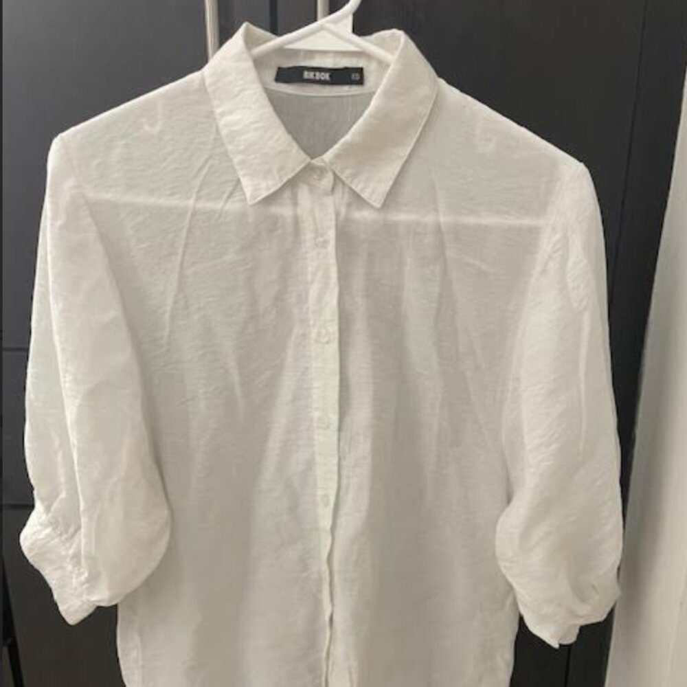 BIK BOK Women's White Button Down Shirt Blouse XS S Sheer Crop Sleeve Scandi